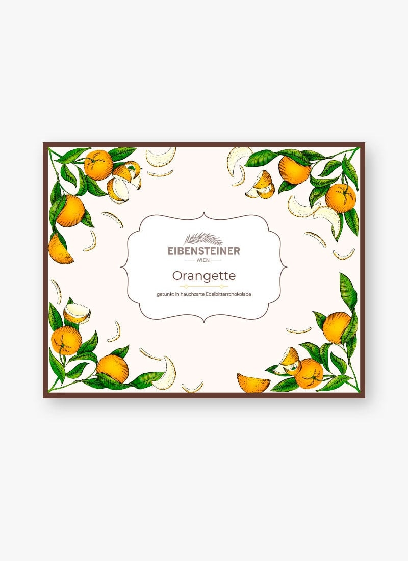 Kandierte Orangenschalen in Edelbitterschokolade, Schachtel