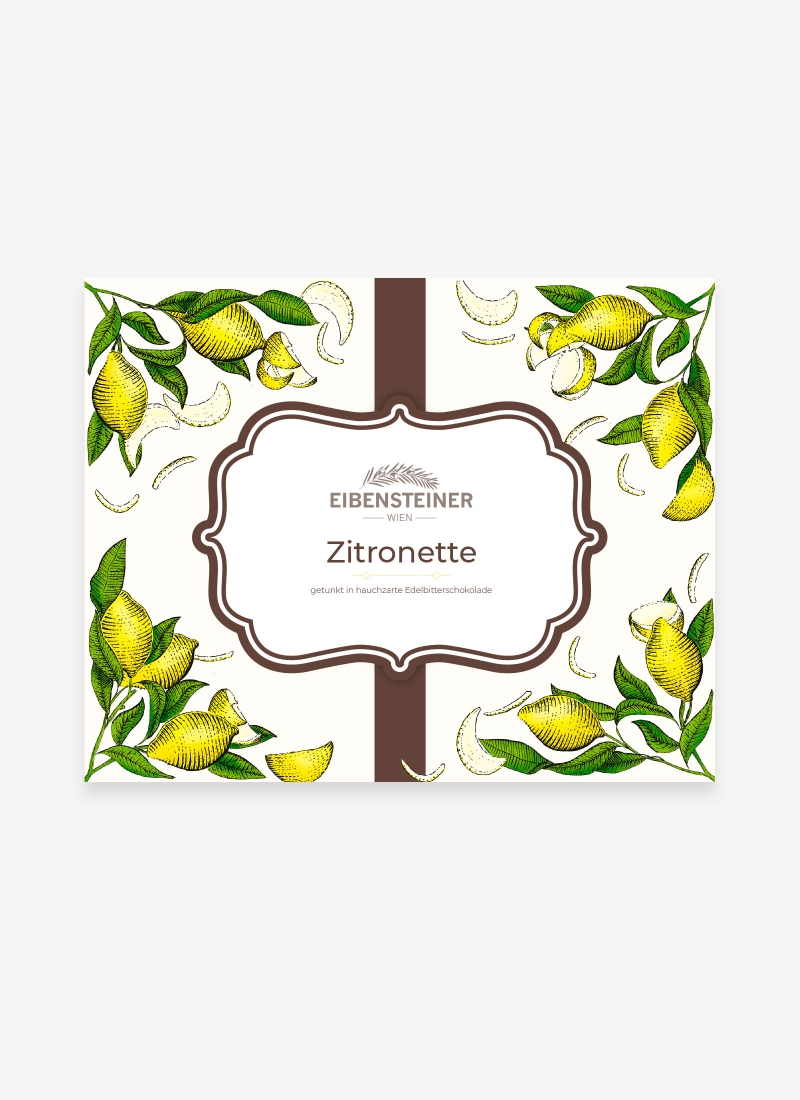 Zitronette in Edelbitterschokolade, Schachtel