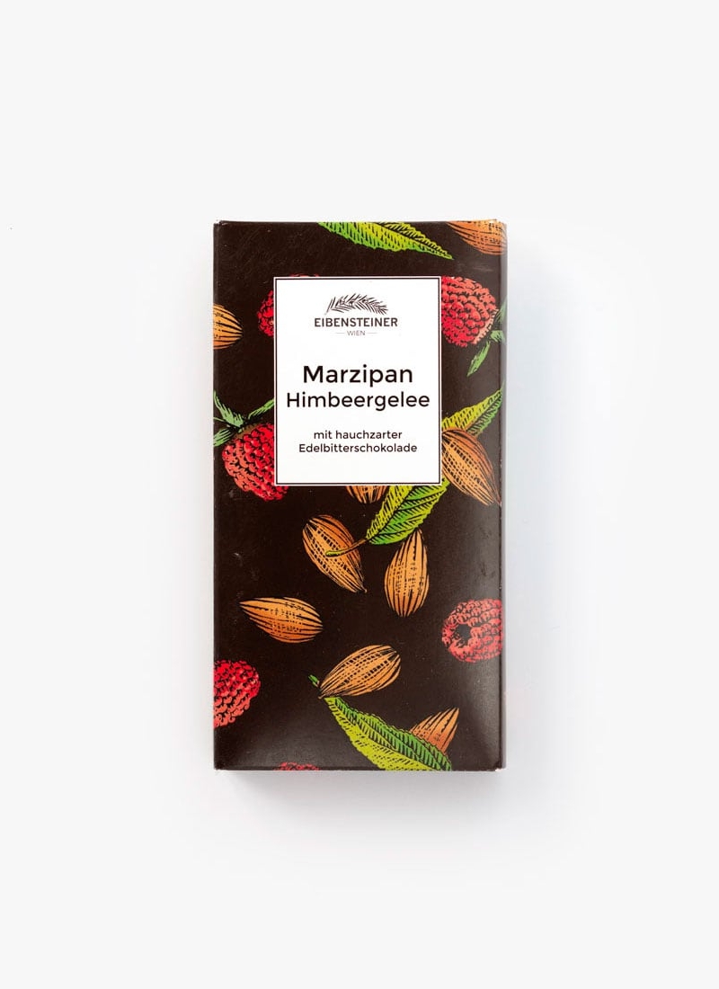 Gefüllte Schokoladetafel mit Marzipan - Himbeergelee-Füllung in Milchschokolade