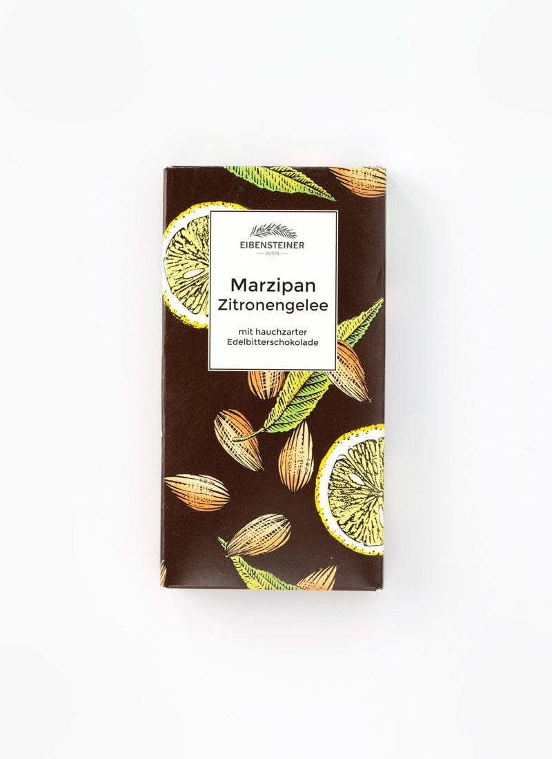 Gefüllte Schokoladetafel mit Marzipan - Zitronengelee-Füllung in Edelbitterschokolade