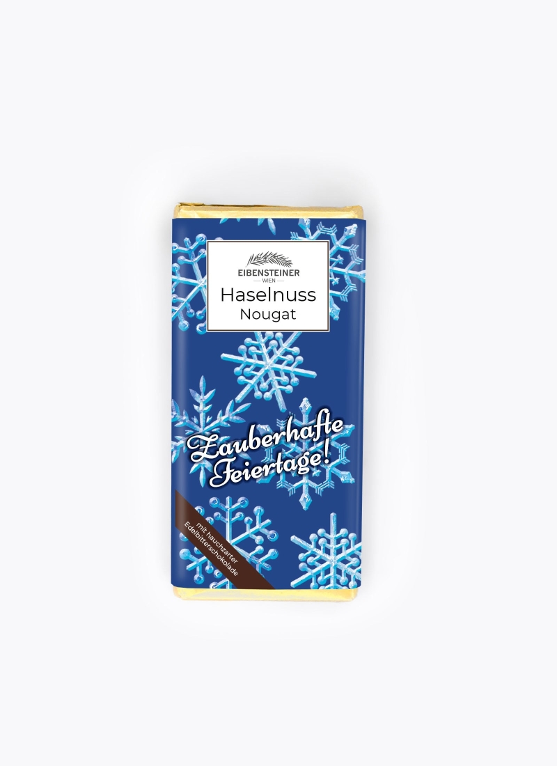 Schokoladetafel mit Haselnussnougat Schneeflocken Motiv, blau