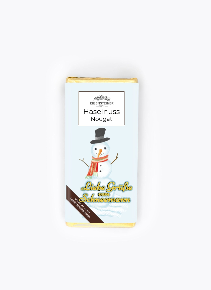 Gefüllte Schokoladetafel mit Haselnussnougat ,Schneemann Motiv Verpackung 