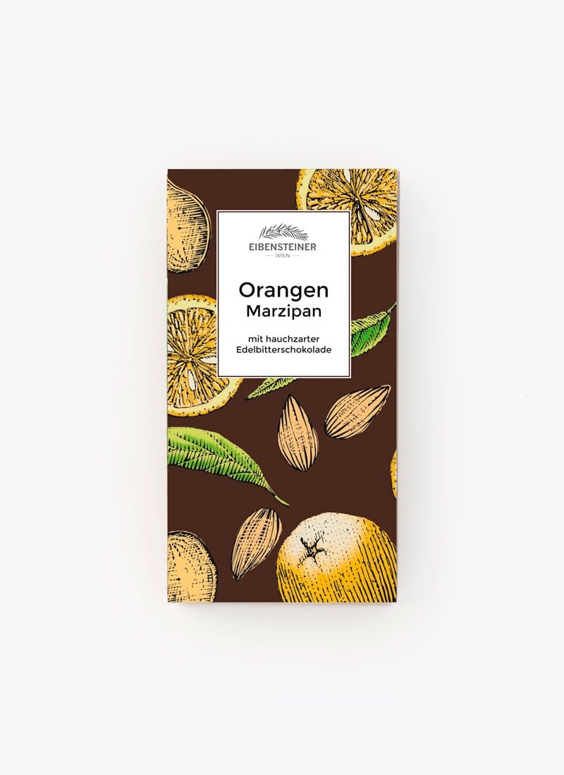 Gefüllte Schokoladetafel mit Orangen-Marzipan-Füllung in Edelbitterschokolade
