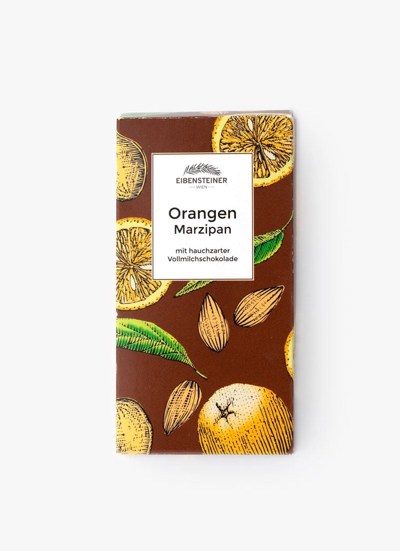 Gefüllte Schokoladetafel mit Orangen-Marzipan-Füllung in Milchschokolade (31,7 %) getunkt