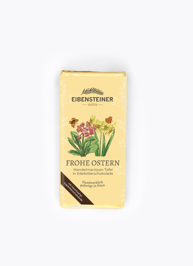 Frohe Ostern, Mandelmarzipan Tafel in Edelbitterschokolade, Blümen