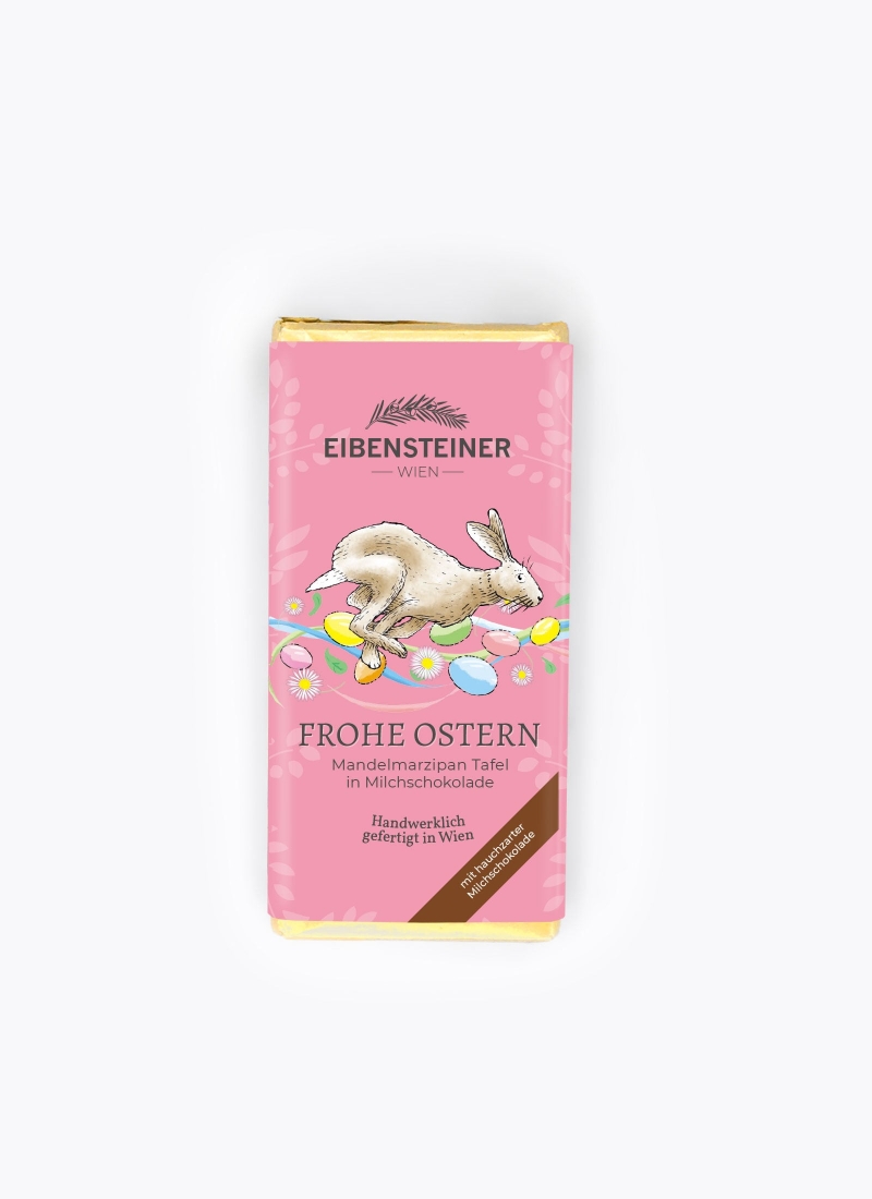 Frohe Ostern Mandelmarzipan Tafel in Milchschokolade, Feldhase, rosa Hintergrund