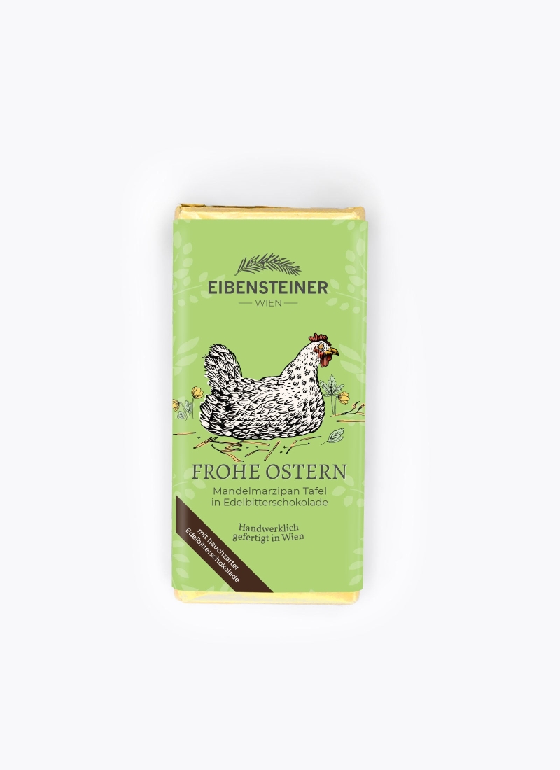  Frohe Ostern, Mandelmarzipan Tafel in Edelbitterschokolade, Huhn 