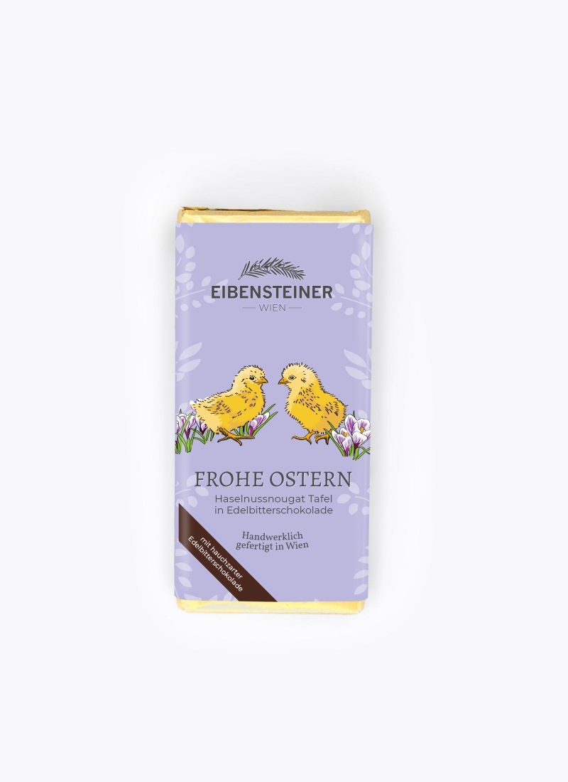 Frohe Ostern, Haselnussnougat Tafel in Edelbitterschokolade, Küken 