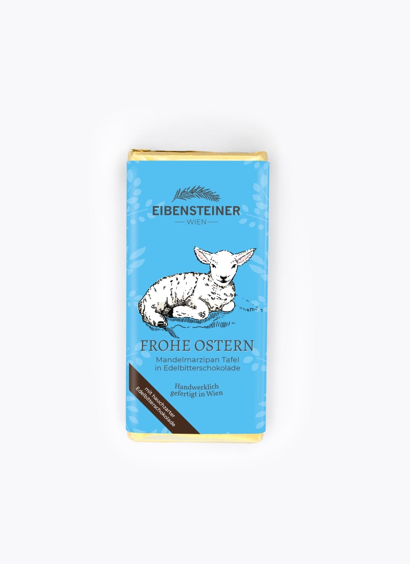 Frohe Ostern, Mandelmarzipan Tafel in Edelbitterschokolade, Lamm